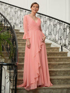 NumberSea - A - Line/Princess Chiffon Ruched V - neck Long Sleeves Sweep/Brush Train Mother of the Bride Dresses