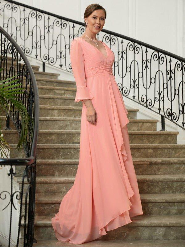 NumberSea - A - Line/Princess Chiffon Ruched V - neck Long Sleeves Sweep/Brush Train Mother of the Bride Dresses