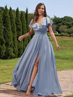NumberSea - A - Line/Princess Chiffon Ruched V - Neck Short Sleeves Floor - Length Bridesmaid Dresses