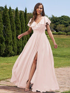 NumberSea - A - Line/Princess Chiffon Ruched V - Neck Short Sleeves Floor - Length Bridesmaid Dresses