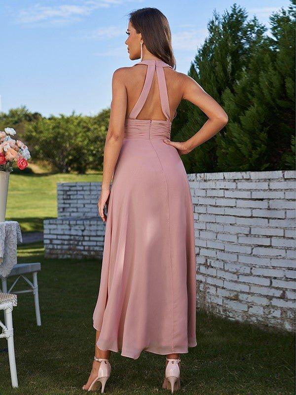 NumberSea - A - Line/Princess Chiffon Ruched V - neck Sleeveless Asymmetrical Bridesmaid Dresses