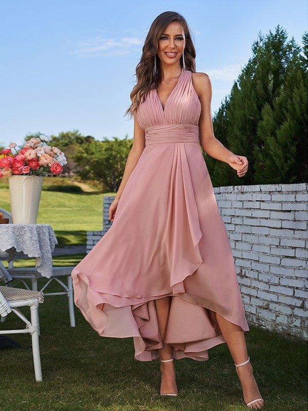 NumberSea - A - Line/Princess Chiffon Ruched V - neck Sleeveless Asymmetrical Bridesmaid Dresses