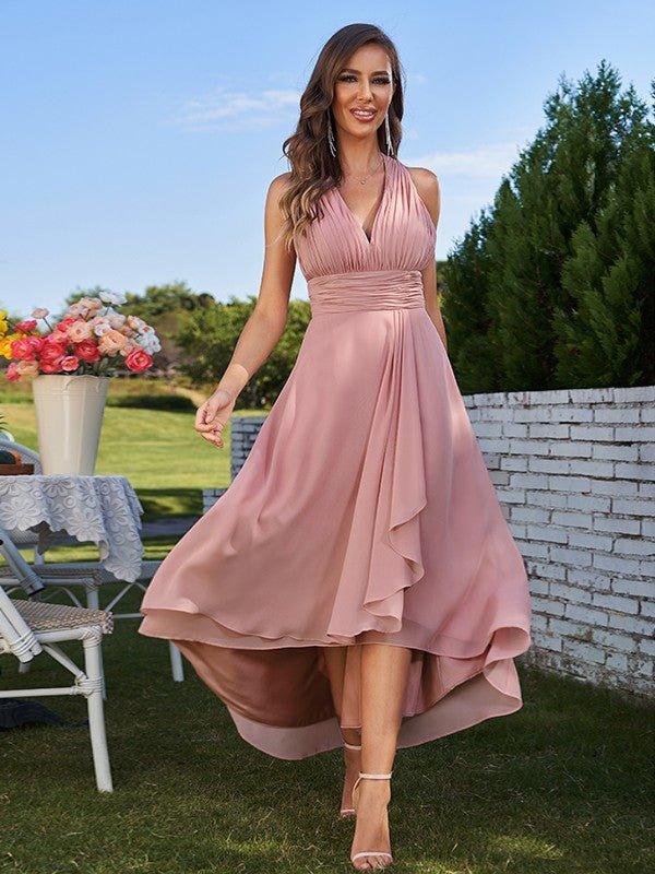 NumberSea - A - Line/Princess Chiffon Ruched V - neck Sleeveless Asymmetrical Bridesmaid Dresses