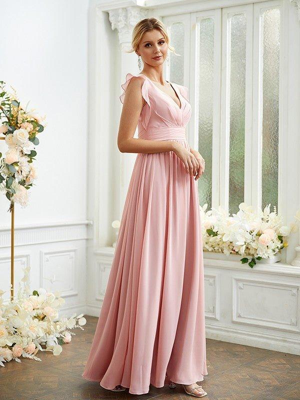NumberSea - A - Line/Princess Chiffon Ruched V - neck Sleeveless Floor - Length Bridesmaid Dresses