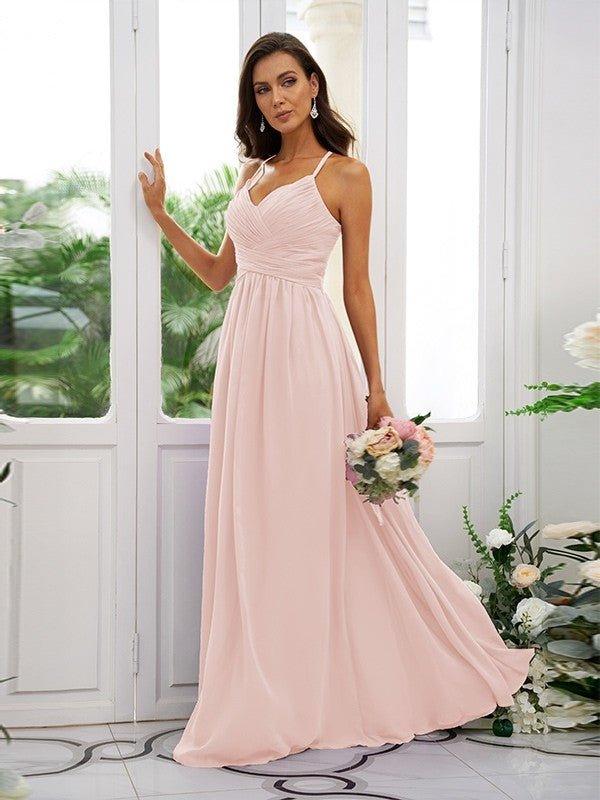 NumberSea - A - Line/Princess Chiffon Ruched V - neck Sleeveless Floor - Length Bridesmaid Dresses
