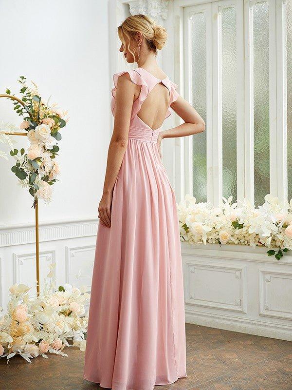 NumberSea - A - Line/Princess Chiffon Ruched V - neck Sleeveless Floor - Length Bridesmaid Dresses