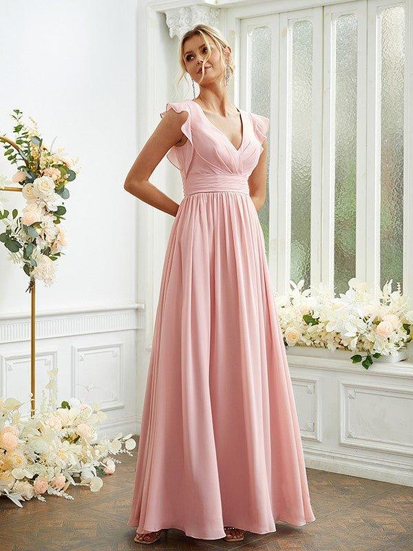 NumberSea - A - Line/Princess Chiffon Ruched V - neck Sleeveless Floor - Length Bridesmaid Dresses
