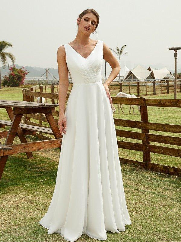 NumberSea - A - Line/Princess Chiffon Ruched V - neck Sleeveless Floor - Length Wedding Dresses