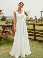 NumberSea - A - Line/Princess Chiffon Ruched V - neck Sleeveless Floor - Length Wedding Dresses