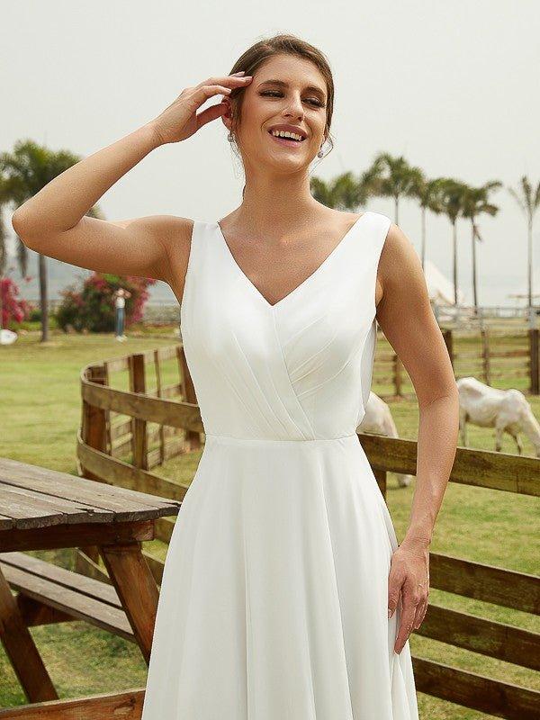 NumberSea - A - Line/Princess Chiffon Ruched V - neck Sleeveless Floor - Length Wedding Dresses