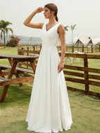 NumberSea - A - Line/Princess Chiffon Ruched V - neck Sleeveless Floor - Length Wedding Dresses