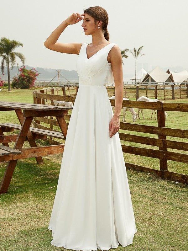 NumberSea - A - Line/Princess Chiffon Ruched V - neck Sleeveless Floor - Length Wedding Dresses