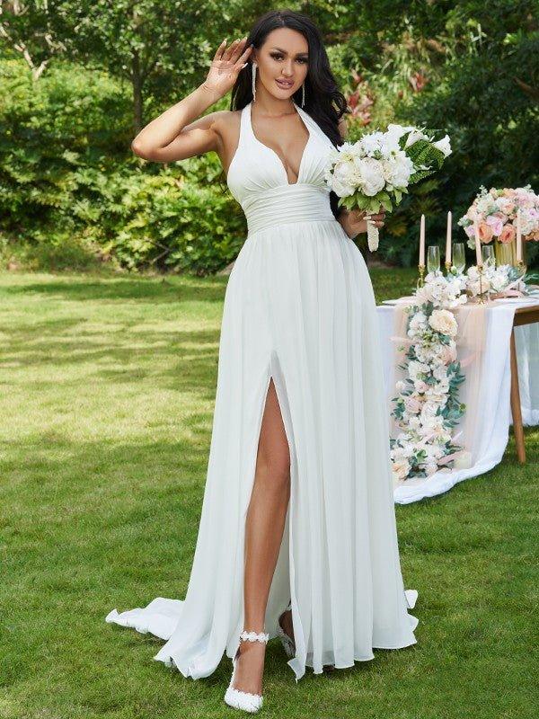 NumberSea - A - Line/Princess Chiffon Ruffles Halter Sleeveless Sweep/Brush Train Wedding Dresses