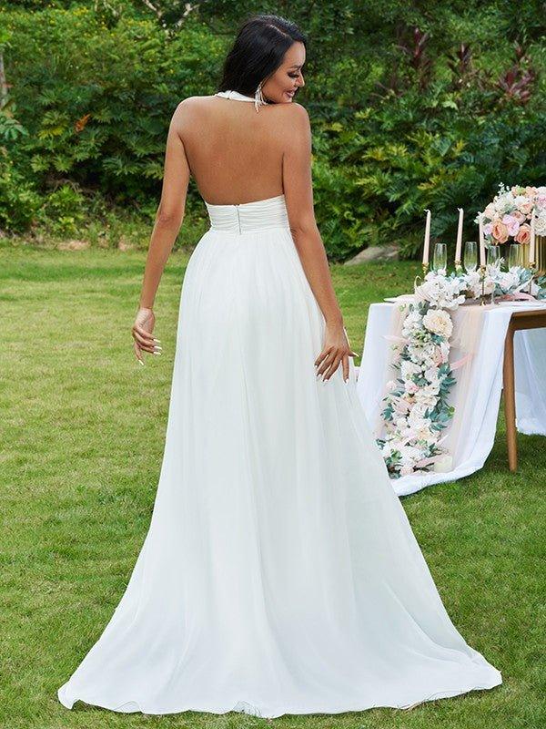 NumberSea - A - Line/Princess Chiffon Ruffles Halter Sleeveless Sweep/Brush Train Wedding Dresses