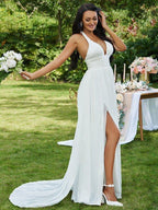 NumberSea - A - Line/Princess Chiffon Ruffles Halter Sleeveless Sweep/Brush Train Wedding Dresses