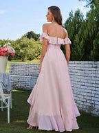 NumberSea - A - Line/Princess Chiffon Ruffles Off - The - Shoulder Sleeveless Asymmetrical Bridesmaid Dresses