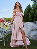 NumberSea - A - Line/Princess Chiffon Ruffles Off - The - Shoulder Sleeveless Asymmetrical Bridesmaid Dresses