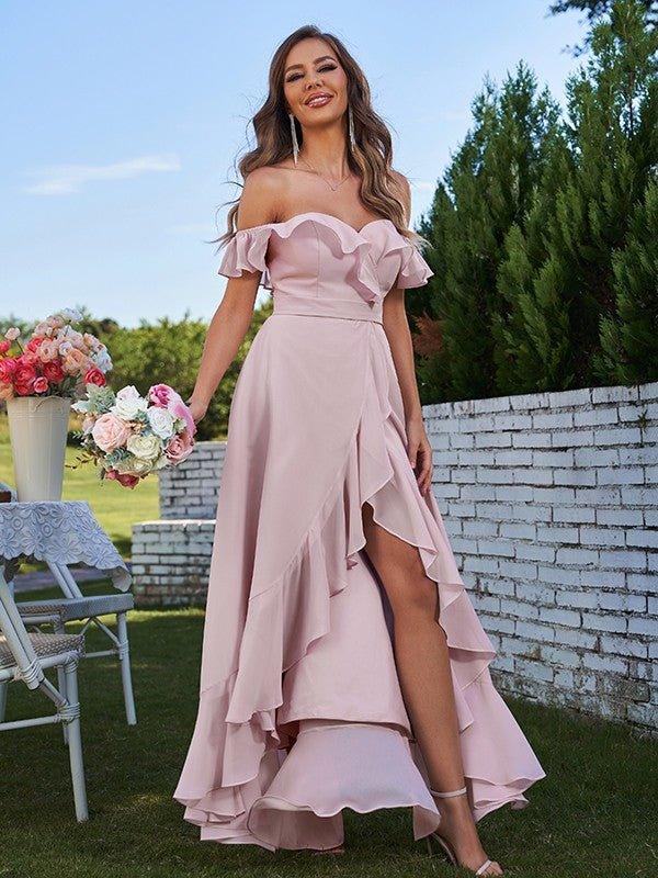 NumberSea - A - Line/Princess Chiffon Ruffles Off - The - Shoulder Sleeveless Asymmetrical Bridesmaid Dresses