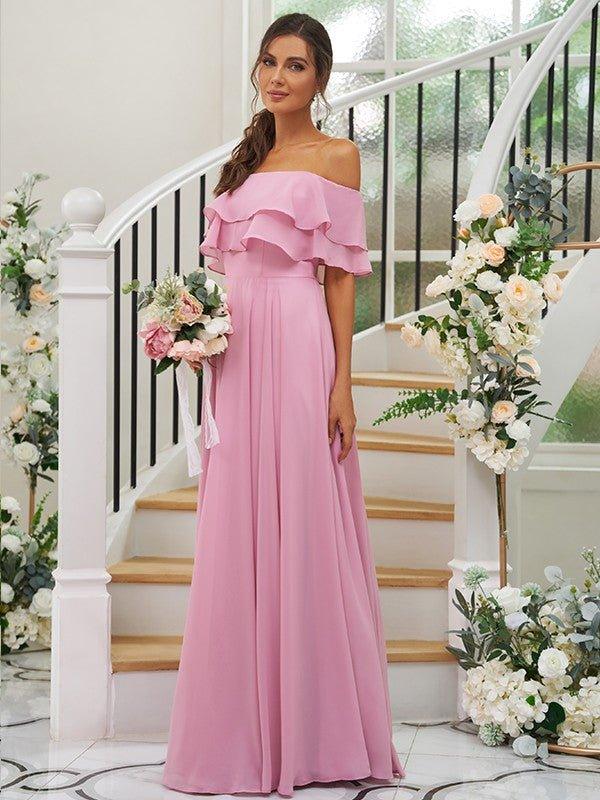 NumberSea - A - Line/Princess Chiffon Ruffles Off - the - Shoulder Sleeveless Floor - Length Bridesmaid Dresses