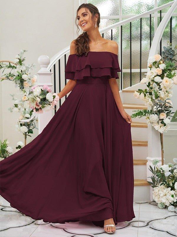 NumberSea - A - Line/Princess Chiffon Ruffles Off - the - Shoulder Sleeveless Floor - Length Bridesmaid Dresses