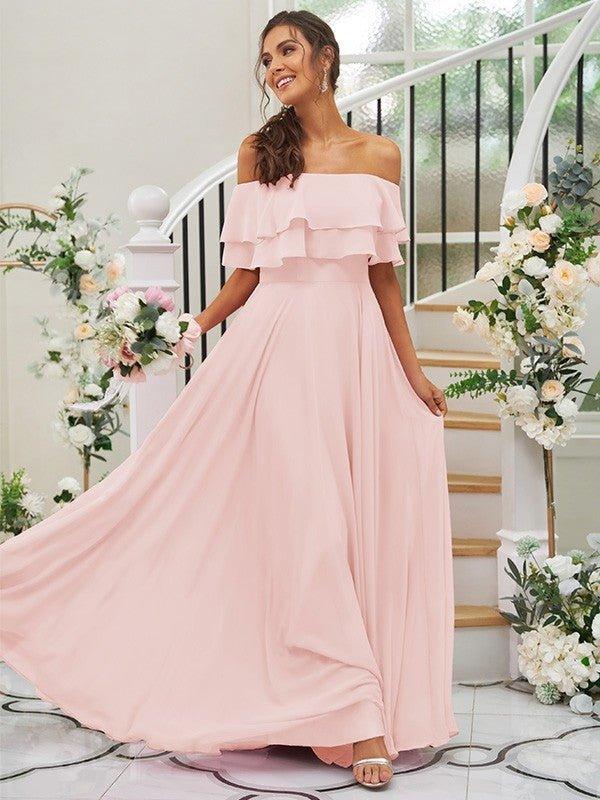 NumberSea - A - Line/Princess Chiffon Ruffles Off - the - Shoulder Sleeveless Floor - Length Bridesmaid Dresses