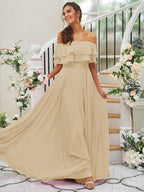 NumberSea - A - Line/Princess Chiffon Ruffles Off - the - Shoulder Sleeveless Floor - Length Bridesmaid Dresses