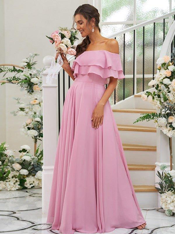 NumberSea - A - Line/Princess Chiffon Ruffles Off - the - Shoulder Sleeveless Floor - Length Bridesmaid Dresses