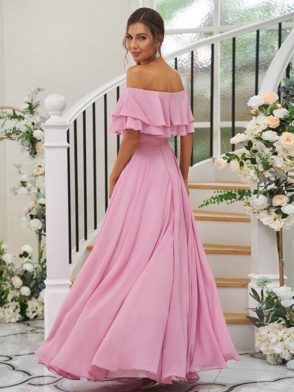 NumberSea - A - Line/Princess Chiffon Ruffles Off - the - Shoulder Sleeveless Floor - Length Bridesmaid Dresses