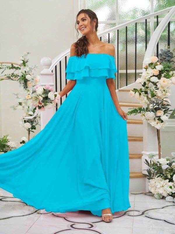 NumberSea - A - Line/Princess Chiffon Ruffles Off - the - Shoulder Sleeveless Floor - Length Bridesmaid Dresses