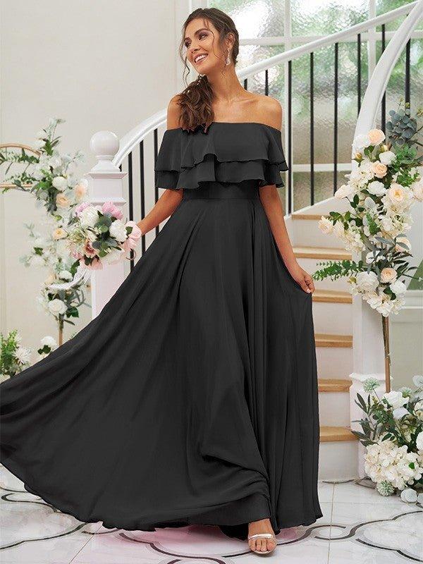 NumberSea - A - Line/Princess Chiffon Ruffles Off - the - Shoulder Sleeveless Floor - Length Bridesmaid Dresses