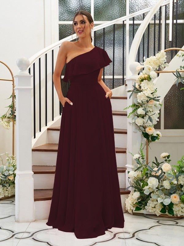NumberSea - A - Line/Princess Chiffon Ruffles One - Shoulder Sleeveless Floor - Length Bridesmaid Dresses