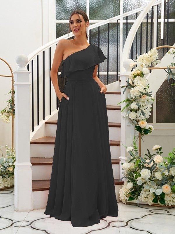 NumberSea - A - Line/Princess Chiffon Ruffles One - Shoulder Sleeveless Floor - Length Bridesmaid Dresses