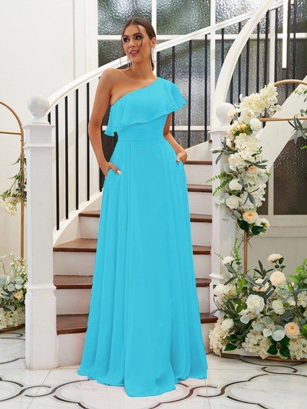 NumberSea - A - Line/Princess Chiffon Ruffles One - Shoulder Sleeveless Floor - Length Bridesmaid Dresses