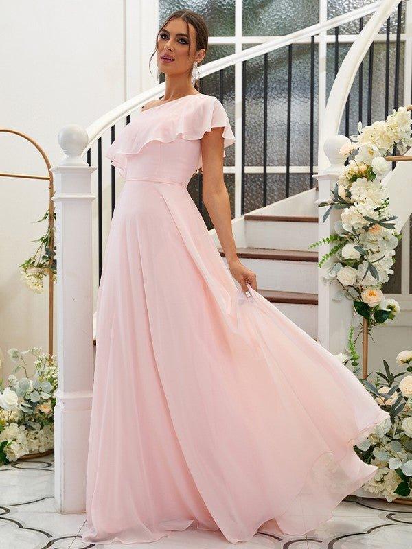 NumberSea - A - Line/Princess Chiffon Ruffles One - Shoulder Sleeveless Floor - Length Bridesmaid Dresses