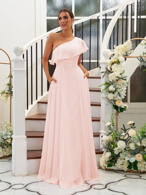 NumberSea - A - Line/Princess Chiffon Ruffles One - Shoulder Sleeveless Floor - Length Bridesmaid Dresses