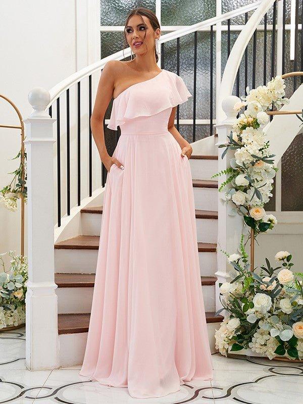 NumberSea - A - Line/Princess Chiffon Ruffles One - Shoulder Sleeveless Floor - Length Bridesmaid Dresses