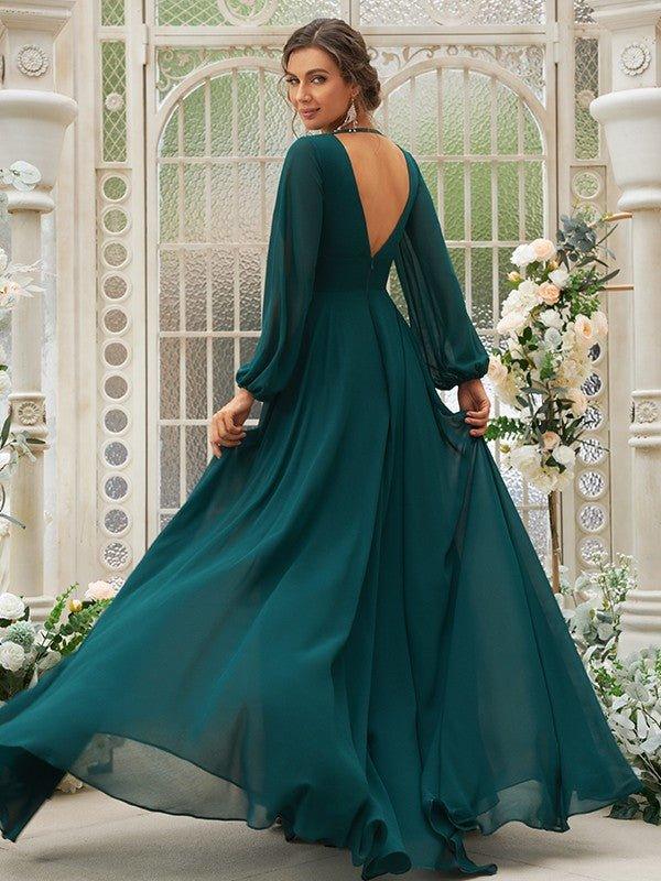 NumberSea - A - Line/Princess Chiffon Ruffles V - neck Long Sleeves Sweep/Brush Train Bridesmaid Dresses