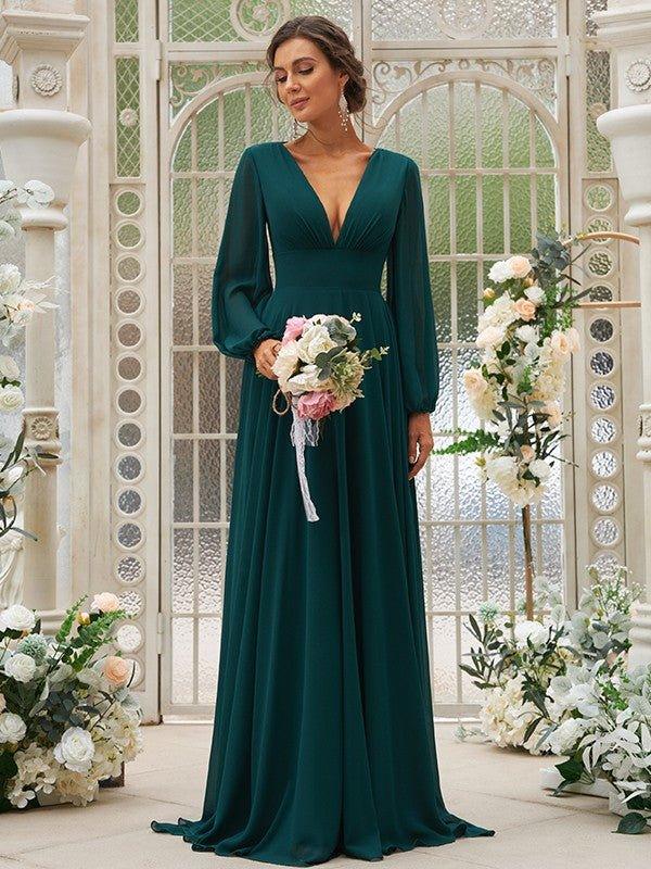 NumberSea - A - Line/Princess Chiffon Ruffles V - neck Long Sleeves Sweep/Brush Train Bridesmaid Dresses