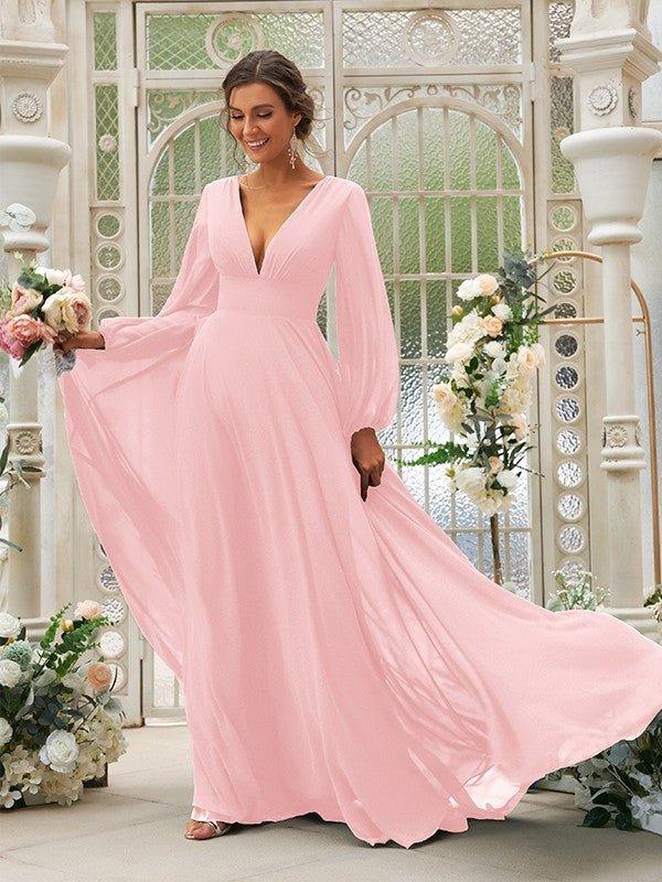 NumberSea - A - Line/Princess Chiffon Ruffles V - neck Long Sleeves Sweep/Brush Train Bridesmaid Dresses