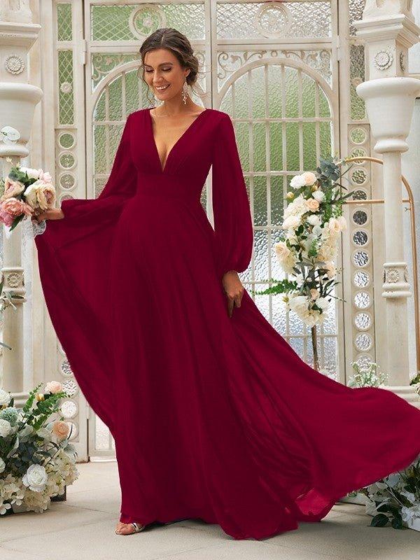 NumberSea - A - Line/Princess Chiffon Ruffles V - neck Long Sleeves Sweep/Brush Train Bridesmaid Dresses