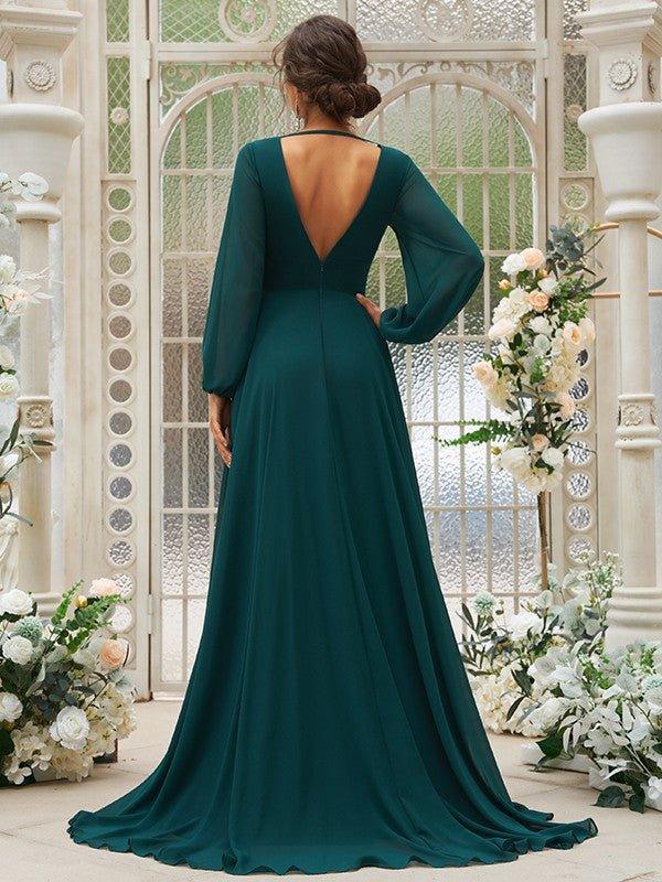 NumberSea - A - Line/Princess Chiffon Ruffles V - neck Long Sleeves Sweep/Brush Train Bridesmaid Dresses