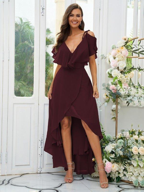 NumberSea - A - Line/Princess Chiffon Ruffles V - neck Short Sleeves Asymmetrical Bridesmaid Dresses