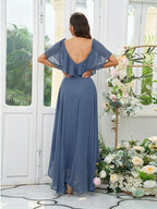 NumberSea - A - Line/Princess Chiffon Ruffles V - neck Short Sleeves Asymmetrical Bridesmaid Dresses