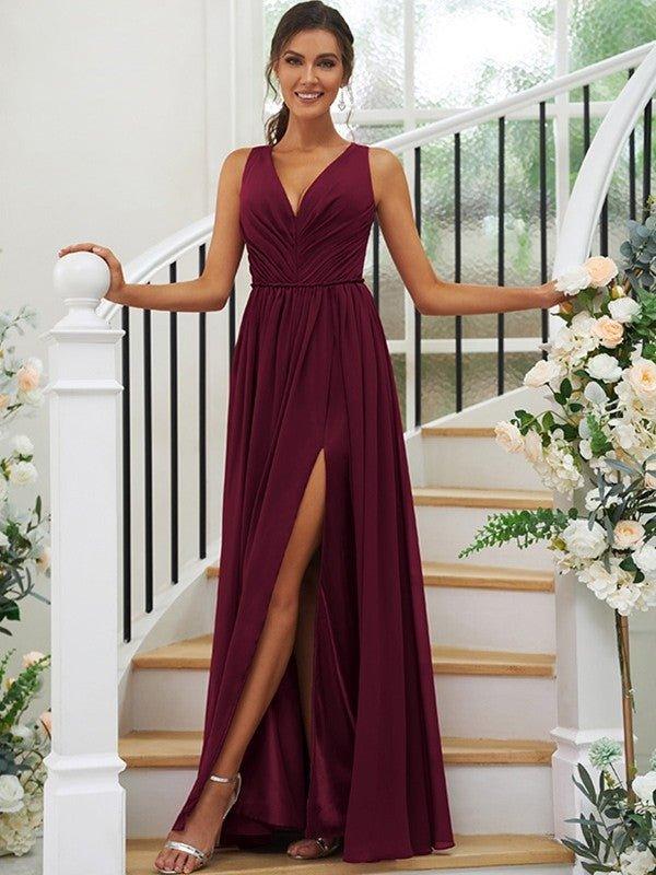 NumberSea - A - Line/Princess Chiffon Ruffles V - neck Sleeveless Floor - Length Bridesmaid Dresses