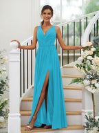 NumberSea - A - Line/Princess Chiffon Ruffles V - neck Sleeveless Floor - Length Bridesmaid Dresses