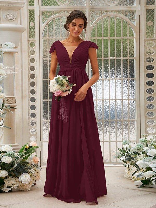 NumberSea - A - Line/Princess Chiffon Ruffles V - neck Sleeveless Sweep/Brush Train Bridesmaid Dresses
