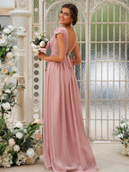 NumberSea - A - Line/Princess Chiffon Ruffles V - neck Sleeveless Sweep/Brush Train Bridesmaid Dresses
