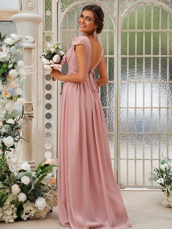 NumberSea - A - Line/Princess Chiffon Ruffles V - neck Sleeveless Sweep/Brush Train Bridesmaid Dresses