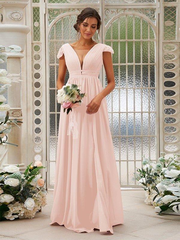 NumberSea - A - Line/Princess Chiffon Ruffles V - neck Sleeveless Sweep/Brush Train Bridesmaid Dresses
