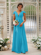 NumberSea - A - Line/Princess Chiffon Ruffles V - neck Sleeveless Sweep/Brush Train Bridesmaid Dresses